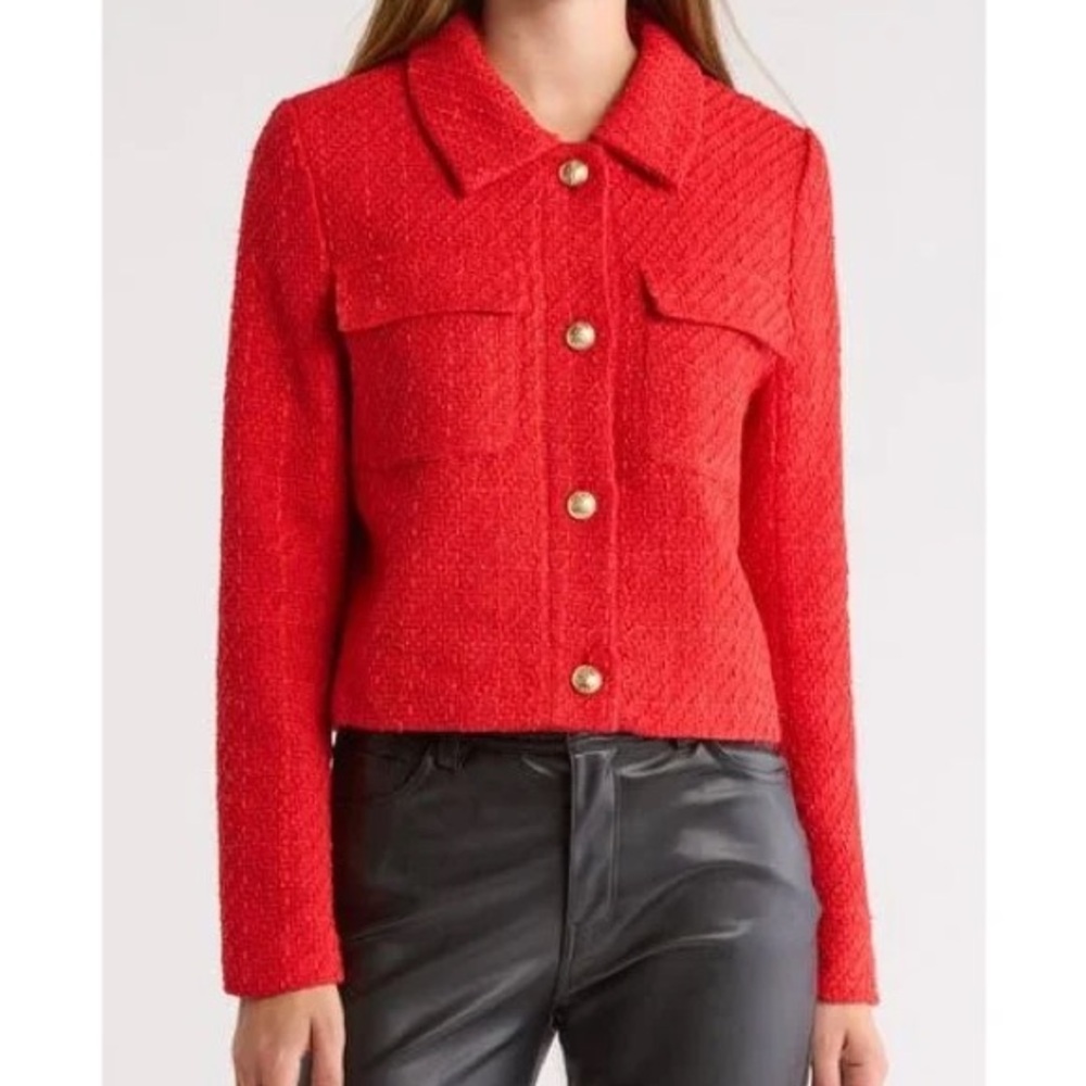 Vigoss Women's Red Tweed Cropped Button-Front Jacket